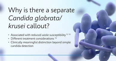 Why is there a separate Candida glabrata/krusei callout? •	Associated with reduced azole susceptibility9,10 •	Different treatment considerations10 •	Clinically meaningful distinction beyond simple candida detection